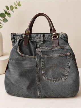 Unique Upcycled Denim Tote Handbag with Leather Handles - Gray